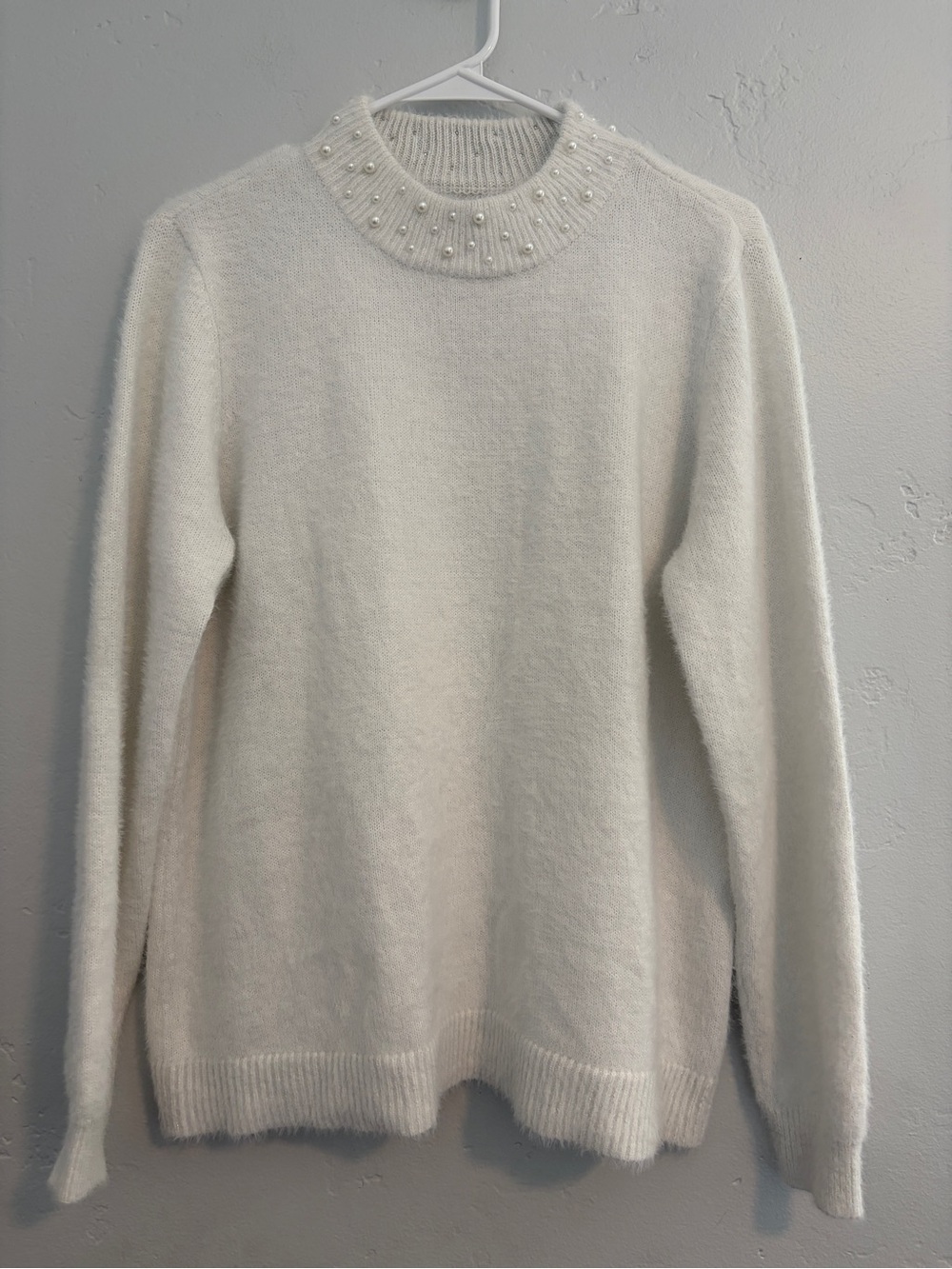 Elle Pearl-Trim Crewneck Fuzzy Sweater - White